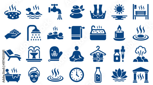Collection of spa and wellness icons representing relaxation and health treatments like massage, sauna, and aromatherapy for beauty and self care concepts
