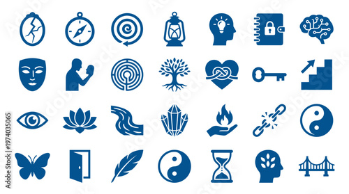 Collection of conceptual icons representing abstract ideas like growth, connection, spirituality, and problem solving in a blue color palette
