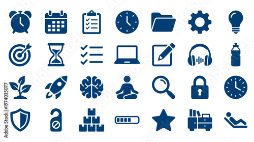 Collection of blue business and productivity icons representing planning strategy time management and success elements on a white background