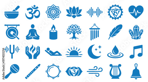 Collection of blue spiritual and wellness icons representing meditation yoga sound healing and holistic health concepts