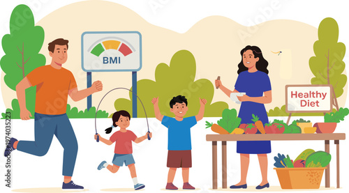 Family Healthy Lifestyle Flat Vector Illustration with Exercise Nutrition and BMI Concept for Wellness Design