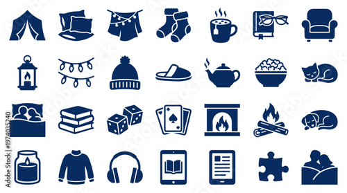 Cozy winter icons representing comfort and relaxation activities like reading, drinking tea, playing games, and staying warm indoors.