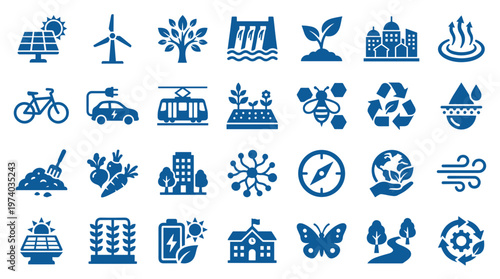 Collection of eco friendly icons representing renewable energy sustainable living and environmental protection concepts in blue color palette