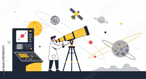 Astronomer Observing Celestial Objects Through Telescope in Space.
