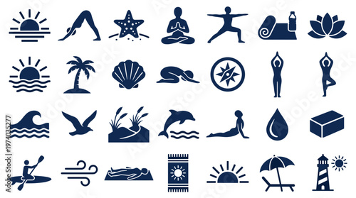 Collection of blue icons representing summer vacation activities nature and wellness concepts like yoga beach sports and relaxation