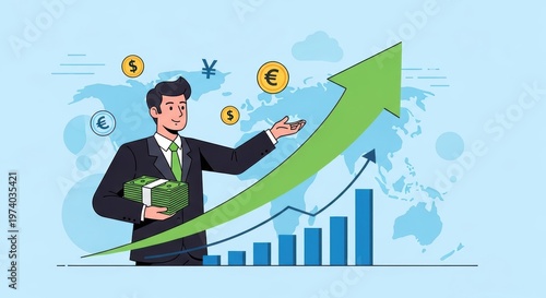 Business growth concept with successful businessman, rising financial arrow and world map background, global economy and profit increase illustration