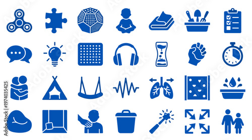 Collection of blue icons representing various concepts like therapy, learning, health, and activities for children and adults