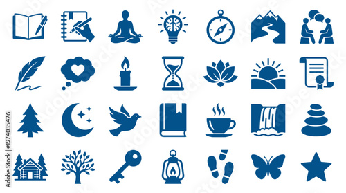 Collection of blue icons representing concepts like nature, mindfulness, creativity, and personal growth on a white background