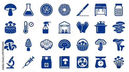 Mushroom cultivation icons set for science biology farming and organic food production research and development