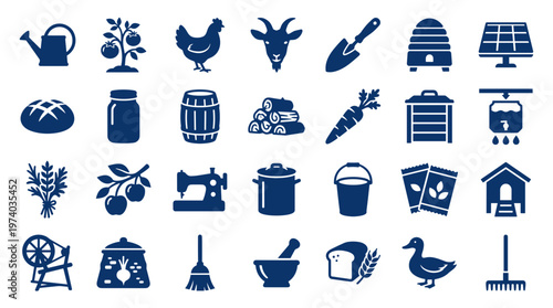 Collection of farm and agriculture icons representing rural life, food production, and sustainable living with a blue color palette