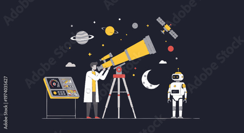 Astronomer Observing the Cosmos with Telescope and Robot Companion.