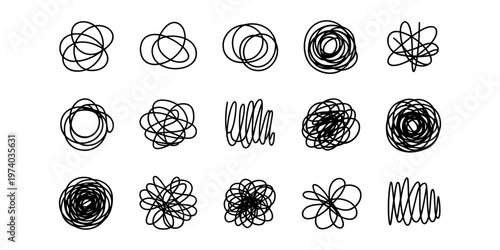 Collection of fifteen black ink scribbles and tangled line on white background line abstract chaos confusion