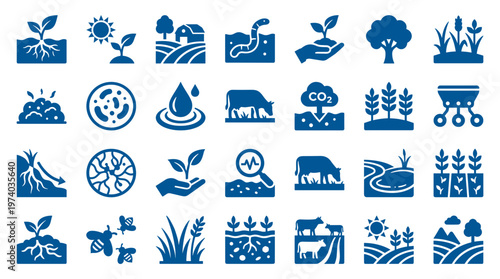 Agriculture icons set for farming and ecological concepts including plants soil animals and weather elements in blue color palette