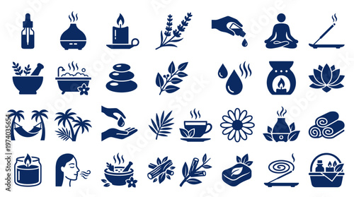 Aromatherapy and wellness icons collection representing relaxation spa treatments and natural health remedies for a peaceful lifestyle