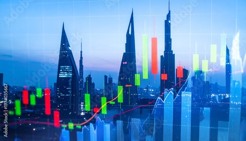   
City skyline with skyscrapers overlaid with colorful candlestick charts and line graphs, symbolizing economic growth and market trends.