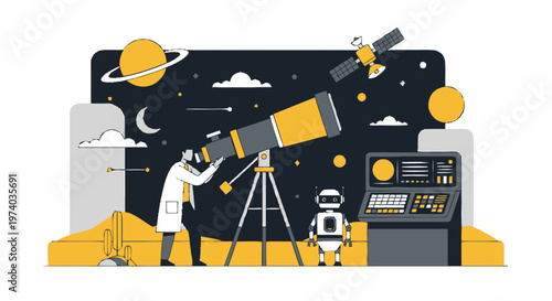 Astronomer Observing the Cosmos with Telescope and Robotic Assistant.