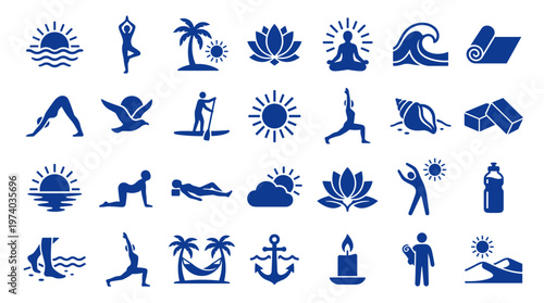 Collection of blue yoga and wellness icons representing healthy lifestyle activities and relaxation on white background
