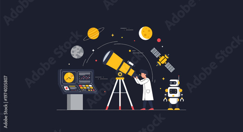 Astronomer Observing Celestial Bodies Through Telescope in Space.