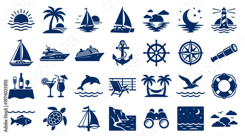 Nautical and Marine Icons Set Silhouette Collection for Travel and Leisure Themes