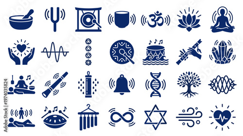 Collection of healing sound therapy and meditation symbols representing well being and spiritual practices