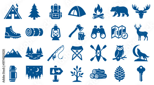 Collection of camping and outdoor adventure icons representing nature activities and equipment for travel and recreation