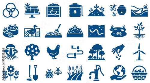 Collection of organic farming and sustainable agriculture icons representing nature ecology and renewable energy concepts