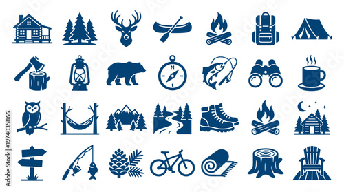 Collection of outdoor adventure and camping icons representing nature activities and wilderness exploration with a rustic cabin and forest elements
