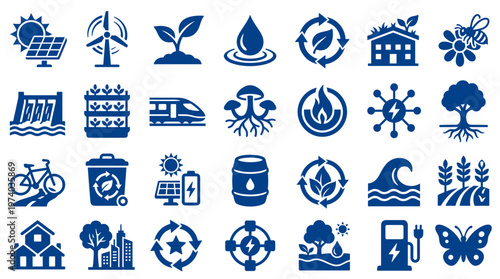 Collection of blue environmental icons representing renewable energy sustainability nature conservation and eco friendly concepts