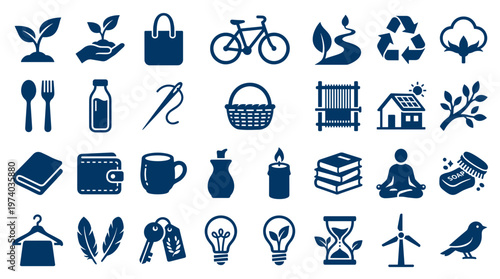 Collection of eco friendly sustainable living icons representing nature health home and lifestyle choices for a green planet