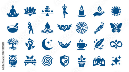 Collection of blue wellness and mindfulness icons representing yoga meditation nature self care and healthy lifestyle symbols