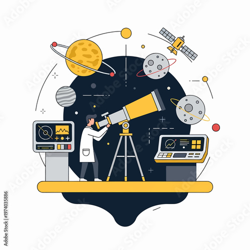 Astronomer Observing Planets and Satellites Through Telescope in Space.