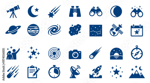 Collection of space and astronomy icons representing celestial bodies, exploration, and scientific discovery