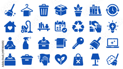 Collection of blue icons representing cleaning organization home care and lifestyle concepts