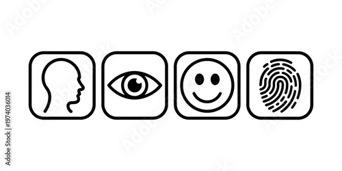 Four black outline representing human profile eye smiley face and fingerprint in rounded squares symbol