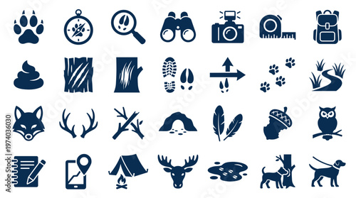 Collection of outdoor adventure and wildlife tracking icons for nature exploration and camping activities