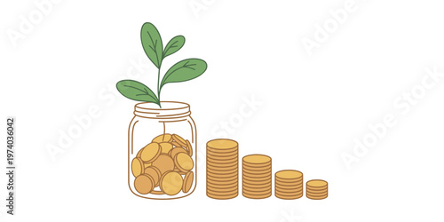 Glass jar filled with gold coins and a green plant growing from it beside stacks of coins coin jar money  in white background
