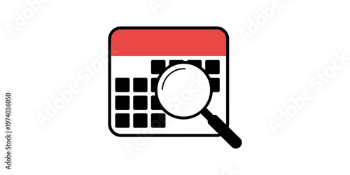Magnifying glass over calendar grid with red header date week month  in white background