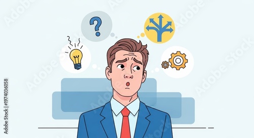 Confused businessman making decisions, professional man with thought bubbles for problem solving, executive brainstorming ideas and strategy