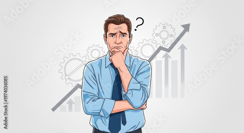 Confused businessman thinking about financial growth, pensive male professional with rising arrow graph, worried manager analyzing business performance