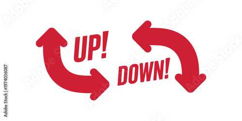Red arrows U P and D O W N text with exclamation marks on white background down