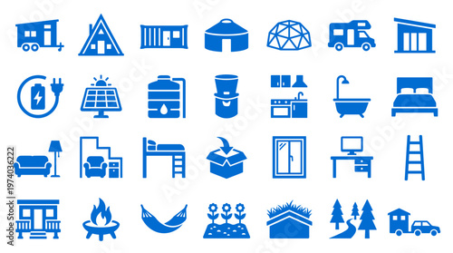 Collection of blue icons representing tiny homes, eco living, and outdoor recreation symbols for modern lifestyle concepts