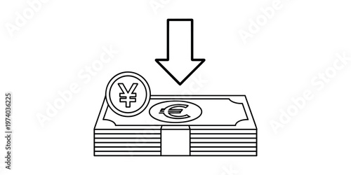 Stack of euro banknotes with yen coin and downward arrow money currency in white background