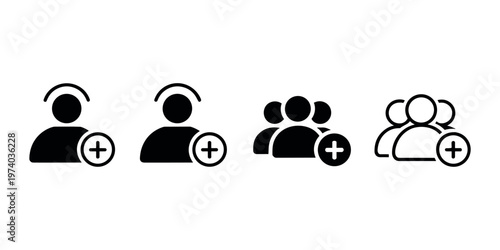 Set of four black user with plus symbols on white background user people group add user add person new user