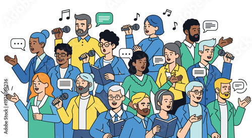 Large, diverse group of men and women enthusiastically singing together in chorus, surrounded by musical notes and speech bubbles, portraying harmony, community, musical performance.