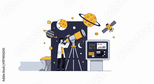 Astronomer Observing Celestial Bodies Through Telescope in Space.