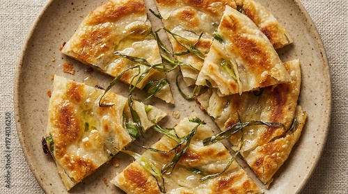 Overhead view of a sliced savory flatbread topped with green onions on a beige plate against a neutral background.