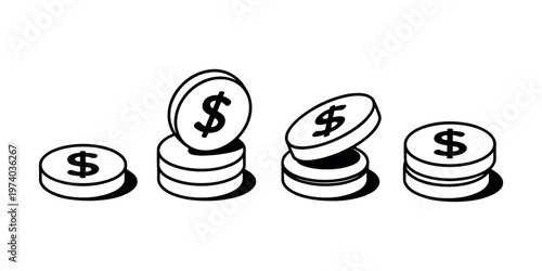 Stacked coins with dollar signs and shadows in isometric view money currency finance