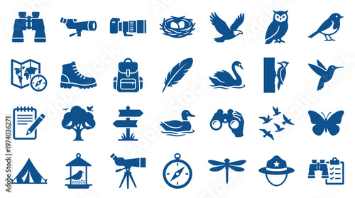 Collection of outdoor recreation and nature observation icons including binoculars, hiking boots, backpacks, maps, tents, and wildlife symbols for adventure and exploration concepts