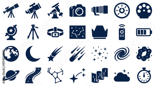 Collection of astronomy and space exploration icons representing telescopes cameras celestial bodies galaxies and constellations for science and technology concepts