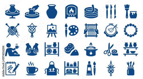 Collection of craft and hobby icons representing pottery knitting painting weaving and other creative pursuits in blue silhouette style